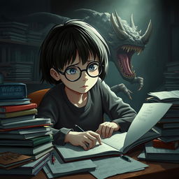 A short-haired girl with round glasses becoming a monster while studying at a cluttered study table filled with textbooks, papers, and study materials