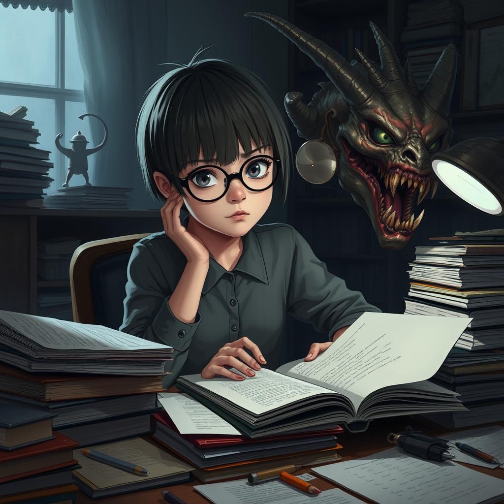 A short-haired girl with round glasses becoming a monster while studying at a cluttered study table filled with textbooks, papers, and study materials