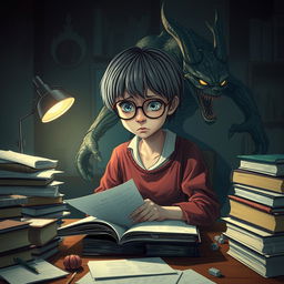 A short-haired girl with round glasses becoming a monster while studying at a cluttered study table filled with textbooks, papers, and study materials