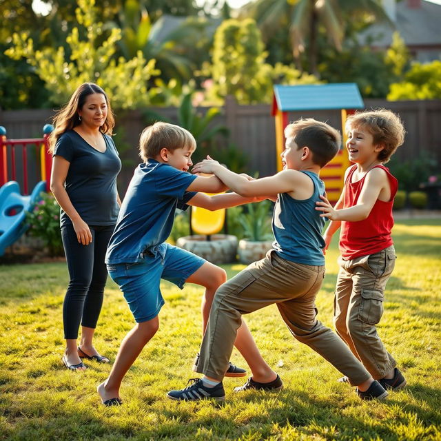 A dramatic scene capturing a mother watching her two sons engage in a playful fight in a grassy backyard