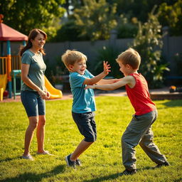 A dramatic scene capturing a mother watching her two sons engage in a playful fight in a grassy backyard