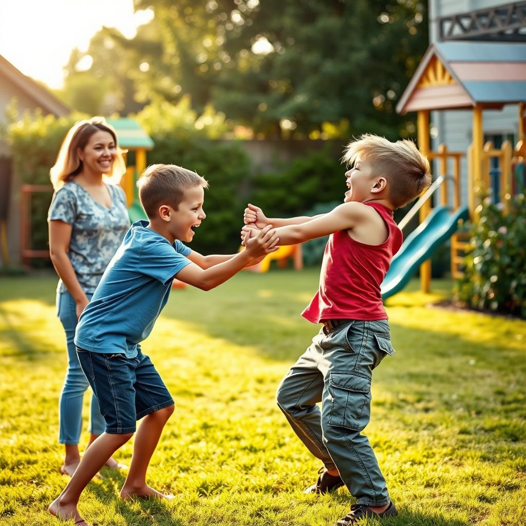 A dramatic scene capturing a mother watching her two sons engage in a playful fight in a grassy backyard