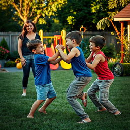 A dramatic scene capturing a mother watching her two sons engage in a playful fight in a grassy backyard