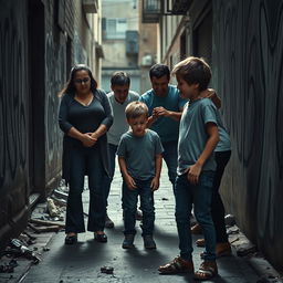 A heart-wrenching scene depicting a sad mother standing on the sidelines, watching helplessly as a group of bullies is beating a young boy