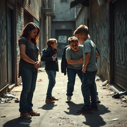 A heart-wrenching scene depicting a sad mother standing on the sidelines, watching helplessly as a group of bullies is beating a young boy