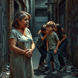 A heart-wrenching scene depicting a sad mother standing on the sidelines, watching helplessly as a group of bullies is beating a young boy
