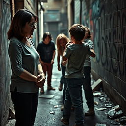 A heart-wrenching scene depicting a sad mother standing on the sidelines, watching helplessly as a group of bullies is beating a young boy