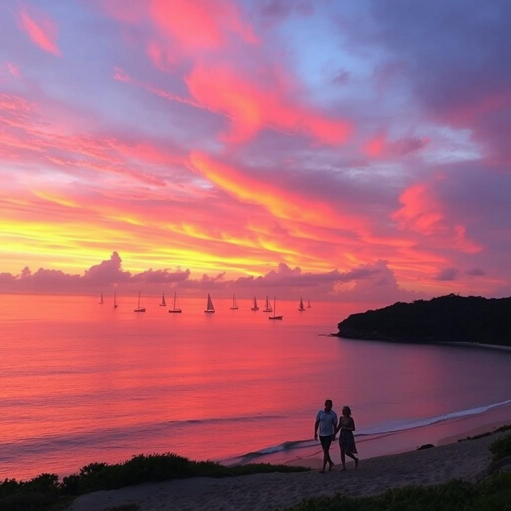 An enchanting sunset over a serene ocean, with vibrant orange and pink clouds reflecting in the calm water