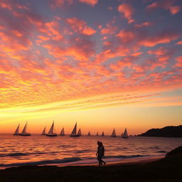 An enchanting sunset over a serene ocean, with vibrant orange and pink clouds reflecting in the calm water