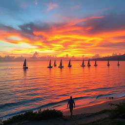 An enchanting sunset over a serene ocean, with vibrant orange and pink clouds reflecting in the calm water