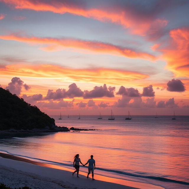 An enchanting sunset over a serene ocean, with vibrant orange and pink clouds reflecting in the calm water