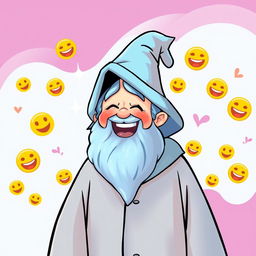 A cheerful wizard wearing a light blue robe, laughing heartily