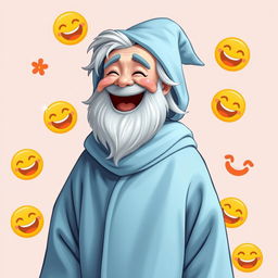 A cheerful wizard wearing a light blue robe, laughing heartily