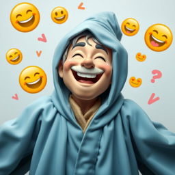 A cheerful wizard wearing a light blue robe, laughing heartily