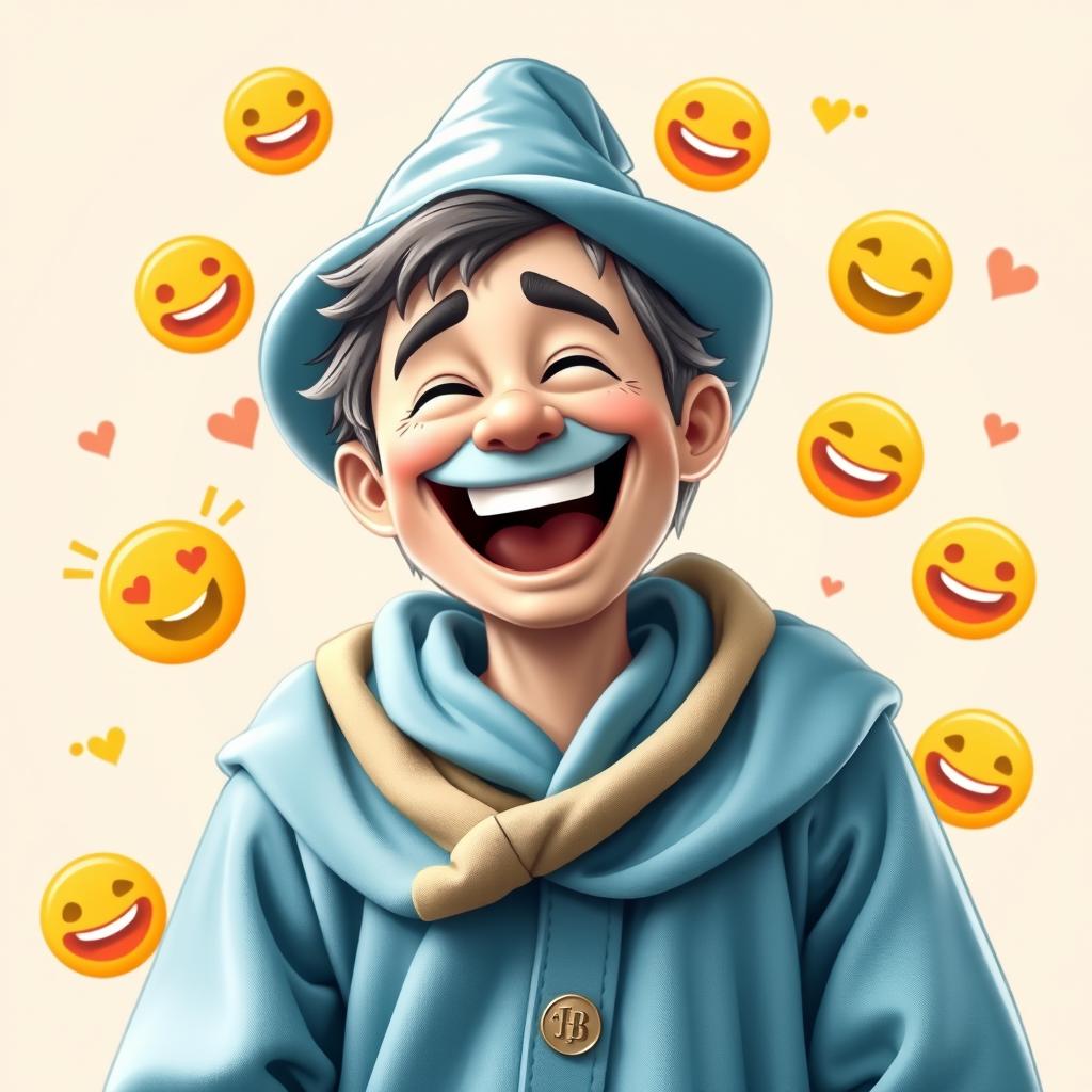A cheerful wizard wearing a light blue robe, laughing heartily