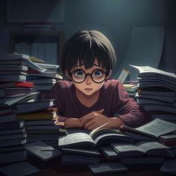 A short-haired girl with round glasses depicted in a dramatic scene of self-inflicted struggle at a study table, overwhelmed by an avalanche of textbooks and notes scattered around her