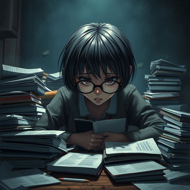 A short-haired girl with round glasses depicted in a dramatic scene of self-inflicted struggle at a study table, overwhelmed by an avalanche of textbooks and notes scattered around her