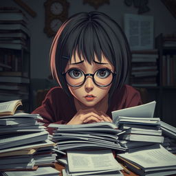A short-haired girl with round glasses depicted in a dramatic scene of self-inflicted struggle at a study table, overwhelmed by an avalanche of textbooks and notes scattered around her