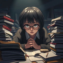A short-haired girl with round glasses depicted in a dramatic scene of self-inflicted struggle at a study table, overwhelmed by an avalanche of textbooks and notes scattered around her