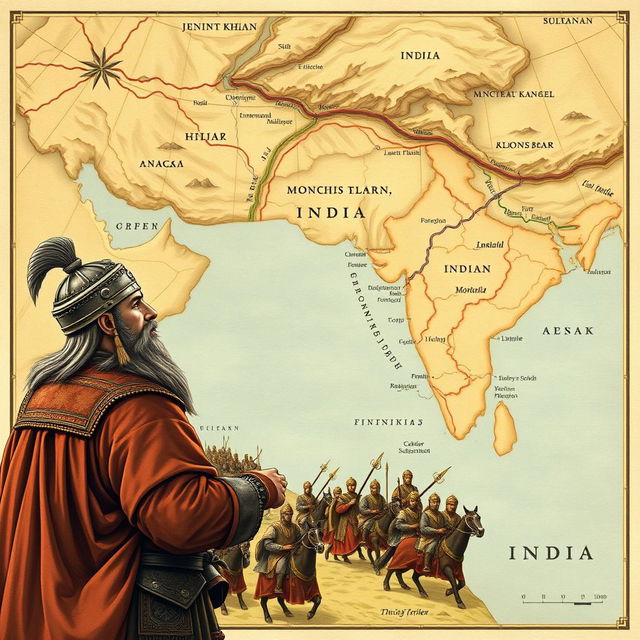 A detailed map illustrating the borders of the Mongol Empire as they approach India, showcasing the expansive territories under Genghis Khan's rule