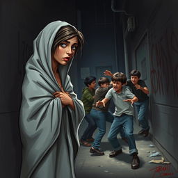An emotional scene portraying a sad mother wrapped in a towel, her hair damp as if she just stepped out of the shower, watching in despair as a group of bullies attacks a young boy in an alley