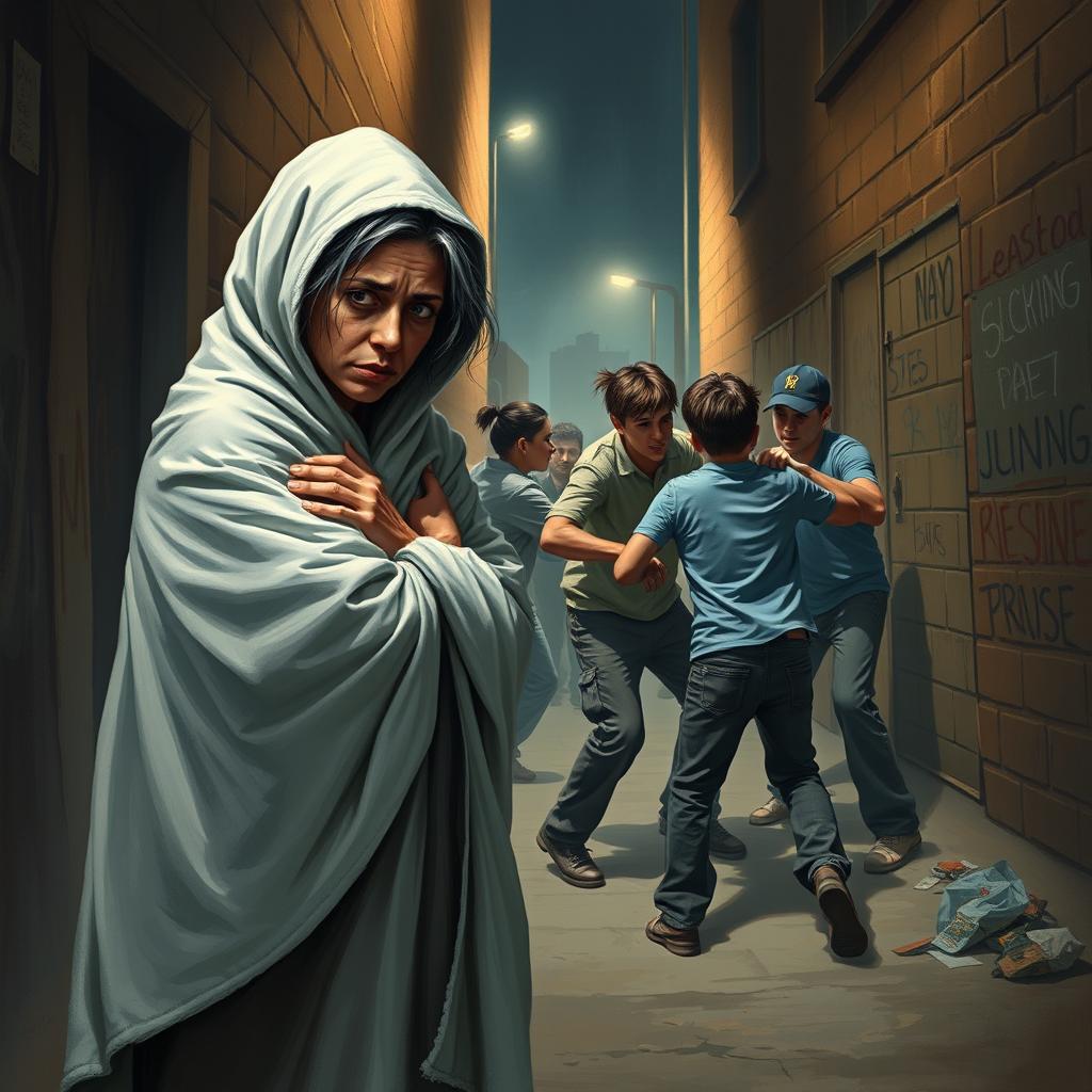 An emotional scene portraying a sad mother wrapped in a towel, her hair damp as if she just stepped out of the shower, watching in despair as a group of bullies attacks a young boy in an alley