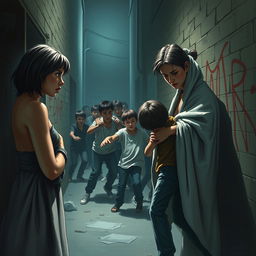 An emotional scene portraying a sad mother wrapped in a towel, her hair damp as if she just stepped out of the shower, watching in despair as a group of bullies attacks a young boy in an alley