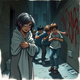 An emotional scene portraying a sad mother wrapped in a towel, her hair damp as if she just stepped out of the shower, watching in despair as a group of bullies attacks a young boy in an alley