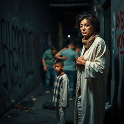 A poignant scene featuring a sad mother in a bathrobe, her hair slightly disheveled, watching with deep concern as a group of bullies assaults a young boy nearby