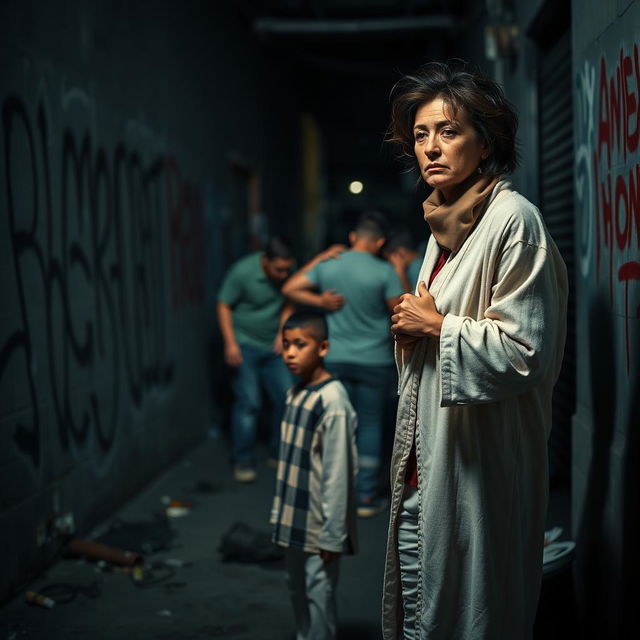 A poignant scene featuring a sad mother in a bathrobe, her hair slightly disheveled, watching with deep concern as a group of bullies assaults a young boy nearby