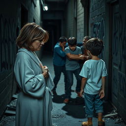 A poignant scene featuring a sad mother in a bathrobe, her hair slightly disheveled, watching with deep concern as a group of bullies assaults a young boy nearby