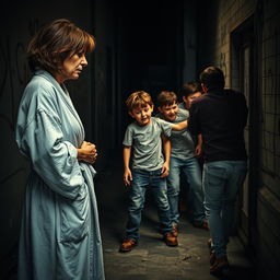 A poignant scene featuring a sad mother in a bathrobe, her hair slightly disheveled, watching with deep concern as a group of bullies assaults a young boy nearby