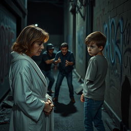 A poignant scene featuring a sad mother in a bathrobe, her hair slightly disheveled, watching with deep concern as a group of bullies assaults a young boy nearby