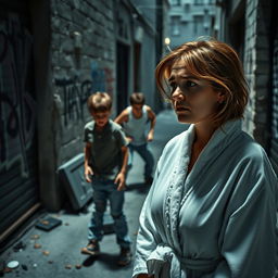 A poignant and emotional scene showing a sad mother in a bathrobe, her hair slightly messy as she watches with a look of deep concern and helplessness
