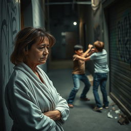 A poignant and emotional scene showing a sad mother in a bathrobe, her hair slightly messy as she watches with a look of deep concern and helplessness