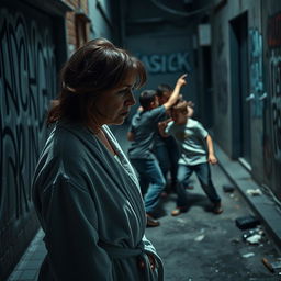 A poignant and emotional scene showing a sad mother in a bathrobe, her hair slightly messy as she watches with a look of deep concern and helplessness