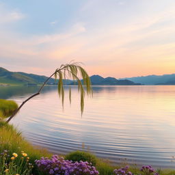 A serene landscape featuring a tranquil lake reflecting soft pastel colors of the sunset sky, surrounded by lush green hills and delicate wildflowers in shades of purple and yellow