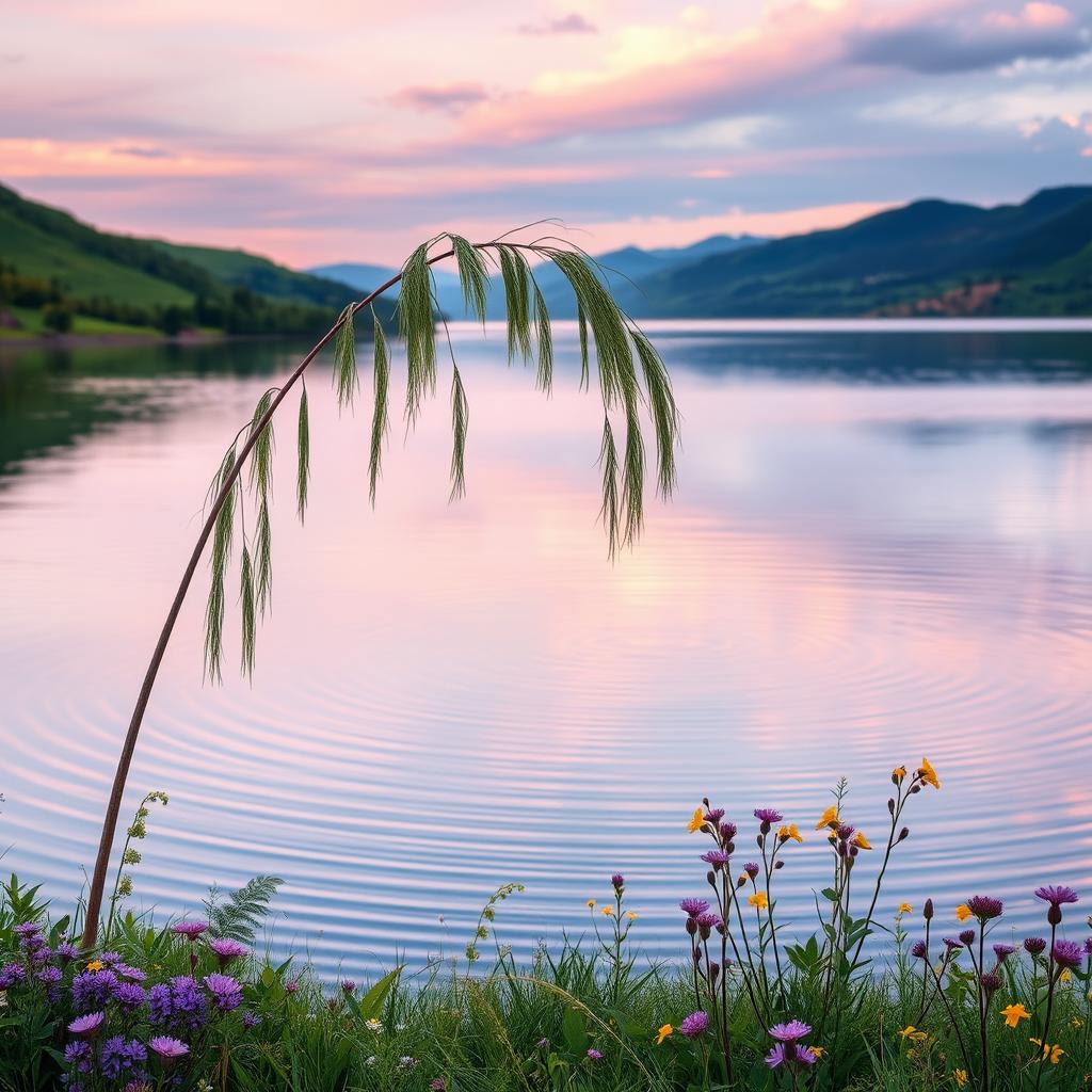 A serene landscape featuring a tranquil lake reflecting soft pastel colors of the sunset sky, surrounded by lush green hills and delicate wildflowers in shades of purple and yellow