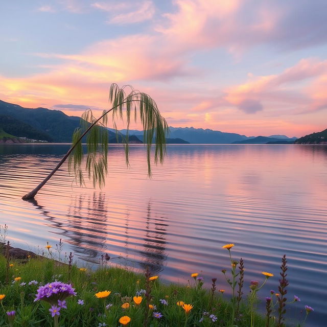 A serene landscape featuring a tranquil lake reflecting soft pastel colors of the sunset sky, surrounded by lush green hills and delicate wildflowers in shades of purple and yellow