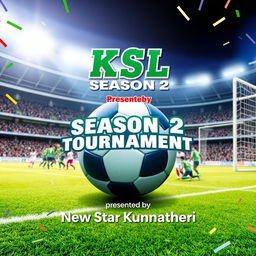 A vibrant and dynamic football tournament poster for 'K S L Season 2' presented by 'New Star Kunnatheri'