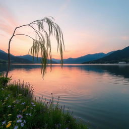 A serene landscape featuring a tranquil lake reflecting soft pastel colors of the sunset sky, surrounded by lush green hills and delicate wildflowers in shades of purple and yellow