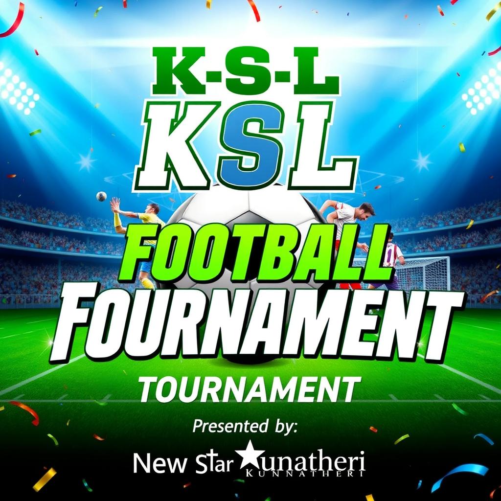 A vibrant and dynamic football tournament poster for 'K S L Season 2' presented by 'New Star Kunnatheri'