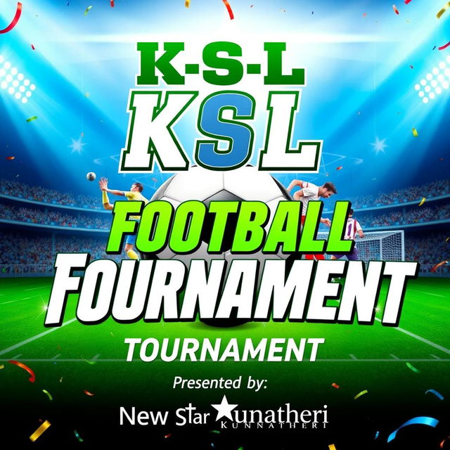 A vibrant and dynamic football tournament poster for 'K S L Season 2' presented by 'New Star Kunnatheri'