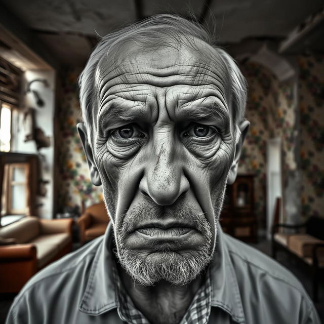 A realistic photograph inspired by Cartier Bresson, featuring a close-up of an old Armenian man's face, showcasing a defiant expression filled with hatred and incomprehension