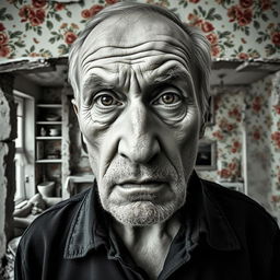 A realistic photograph inspired by Cartier Bresson, featuring a close-up of an old Armenian man's face, showcasing a defiant expression filled with hatred and incomprehension