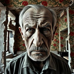 A realistic photograph inspired by Cartier Bresson, featuring a close-up of an old Armenian man's face, showcasing a defiant expression filled with hatred and incomprehension