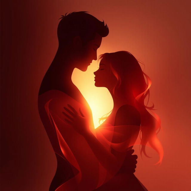 An abstract representation of passion and connection, featuring two entwined silhouettes illuminated by soft, warm light