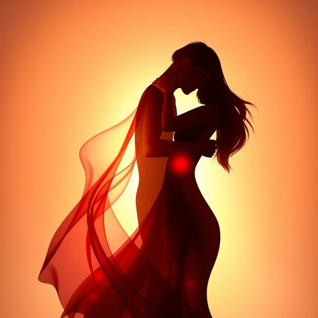 An abstract representation of passion and connection, featuring two entwined silhouettes illuminated by soft, warm light