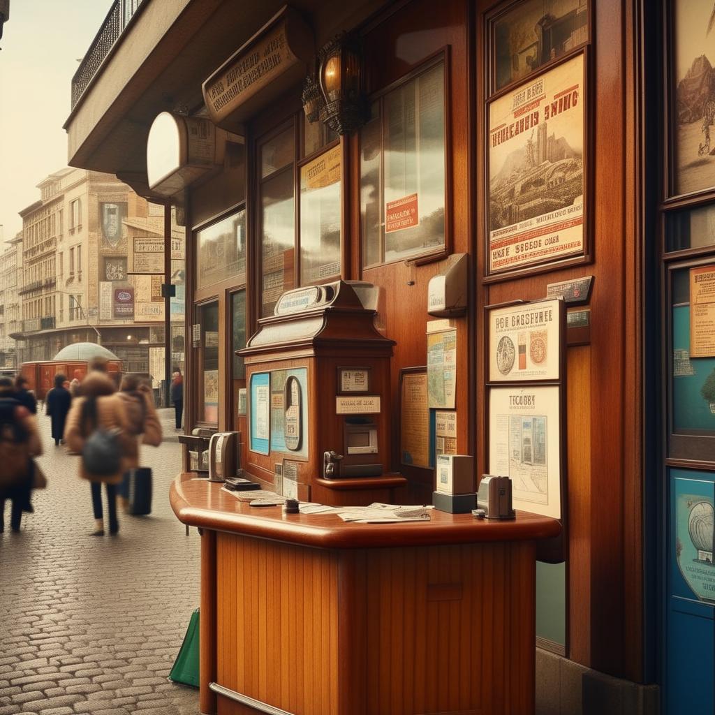 A quaint, small ticketing office nestled in a bustling cityscape. The office features an antique wooden counter, retro ticket dispenser, and walls adorned with vintage travel posters.