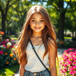 A beautiful teenage girl with long, flowing hair, bright eyes, and an enchanting smile